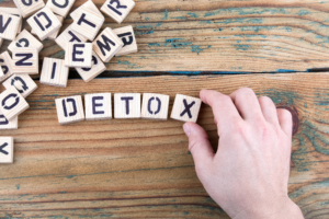 detox. Wooden letters on the office desk, informative and communication background.