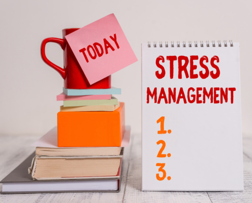 Word writing text Stress Management. Business photo showcasing method of limiting stress and its effects by learning ways Cup sticky note stacked note pads books square box spiral wooden table. Stress relief results rna