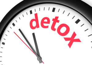 Time for body detox diet healthy lifestyle and body care conceptual image with a wall clock and detox text sign printed in red.