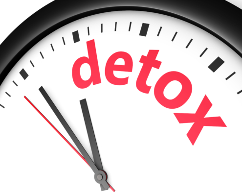 Time for body detox diet healthy lifestyle and body care conceptual image with a wall clock and detox text sign printed in red.